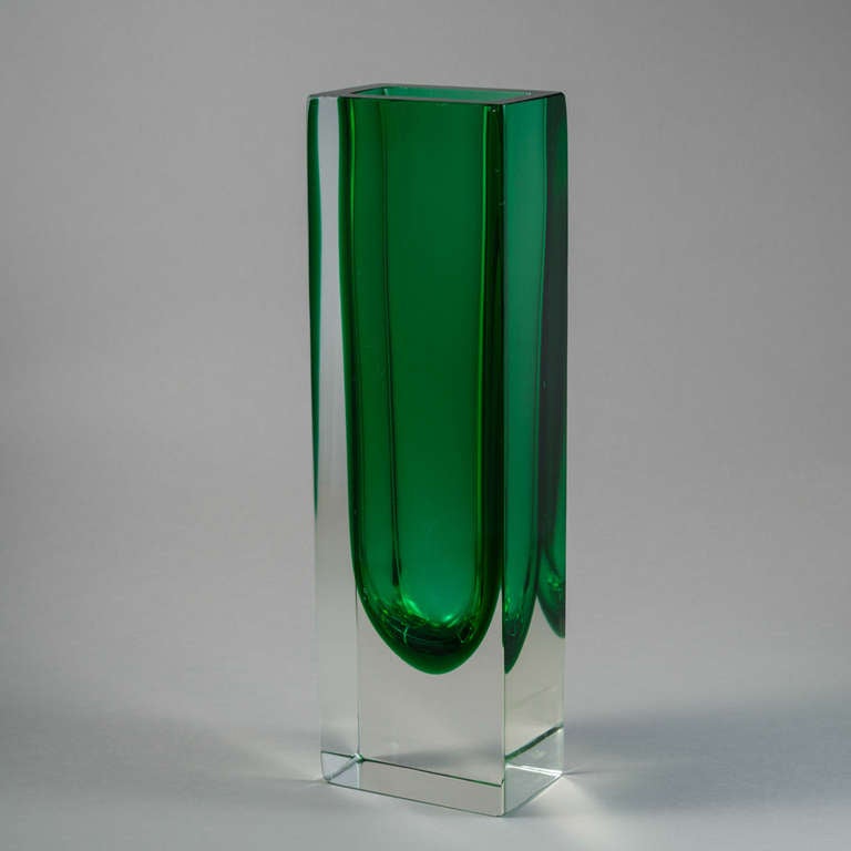 Large block Murano Sommerso glass vase with an emerald centre cased in clear glass.