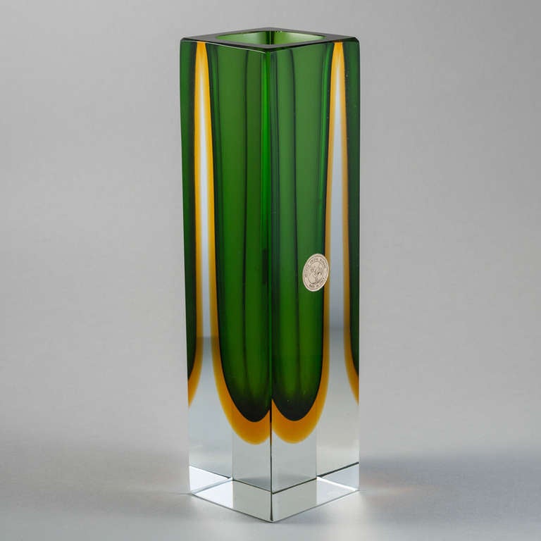 A Rectangular Murano Sommerso Glass Vase with a Green and Amber Centre Cased in Clear Glass. Stamped