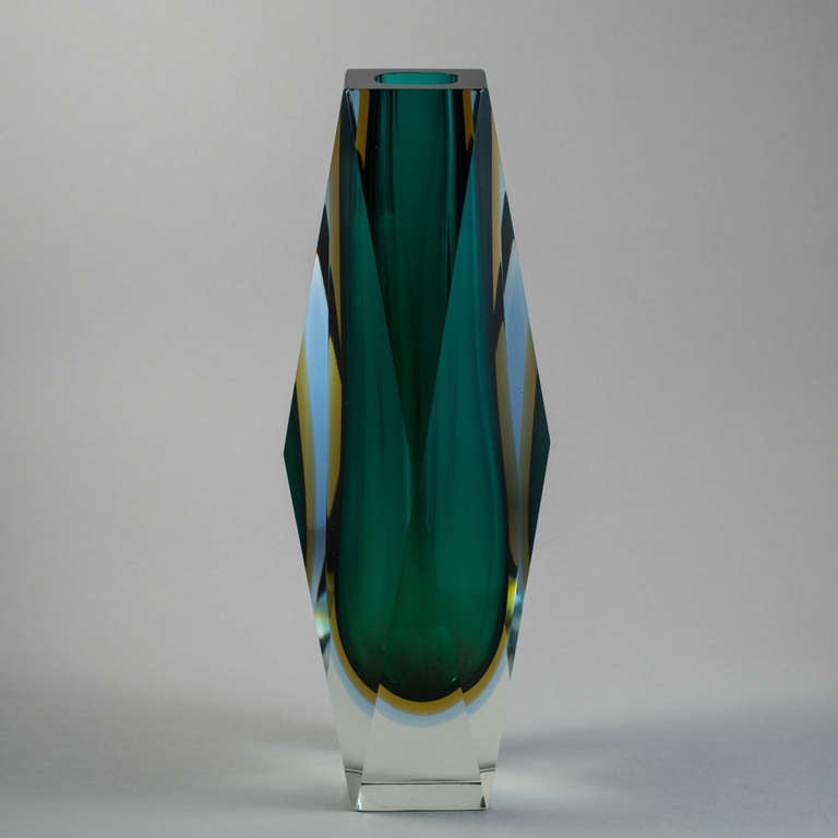 A Large Rare Faceted Murano Sommerso Glass Vase with a Teal, Gold and Blue Centre Cased in Clear Glass