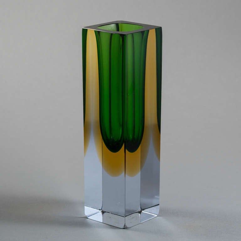 A Rectangular Murano Sommerso Glass Vase with an Emerald and Amber Centre Cased in Tinted Glass