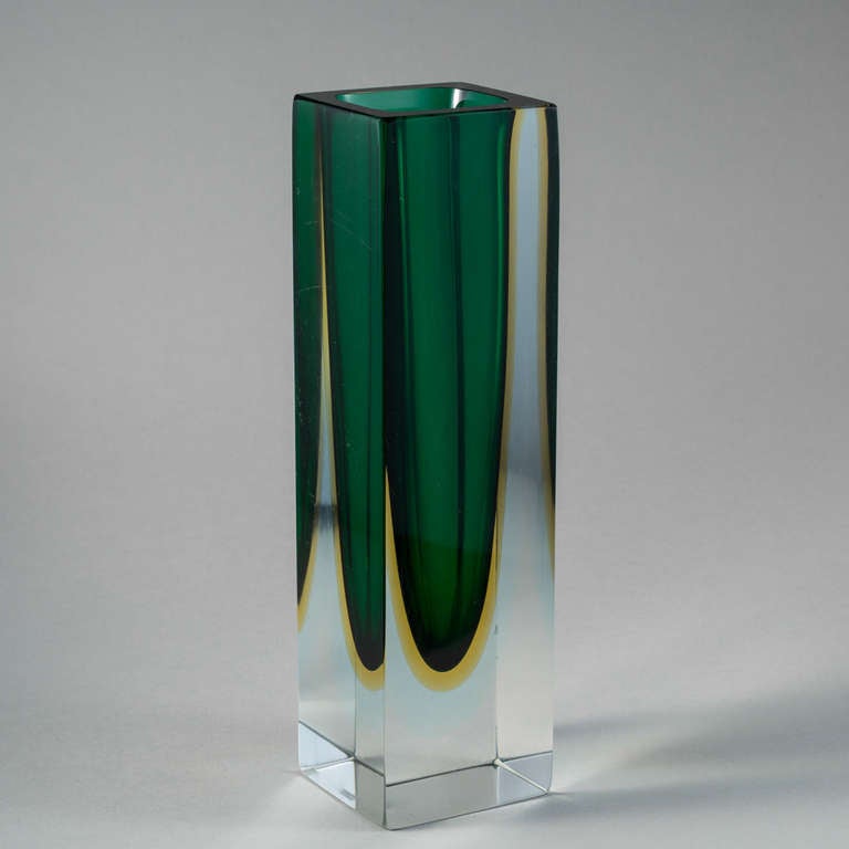 Murano Sommerso glass vase with an emerald and gold centre cased in clear glass.