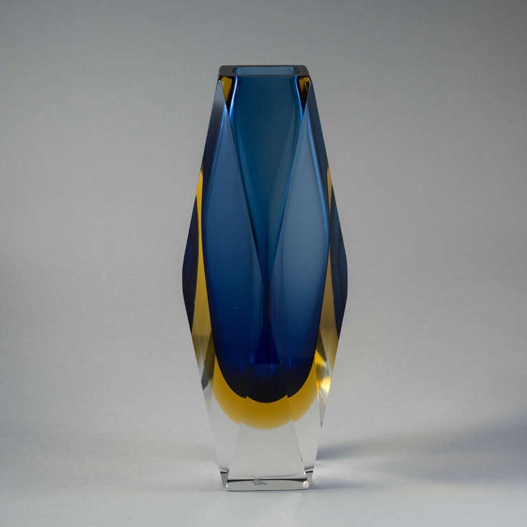 A large rare faceted Murano Sommerso glass vase with a blue and gold centre cased in clear glass.