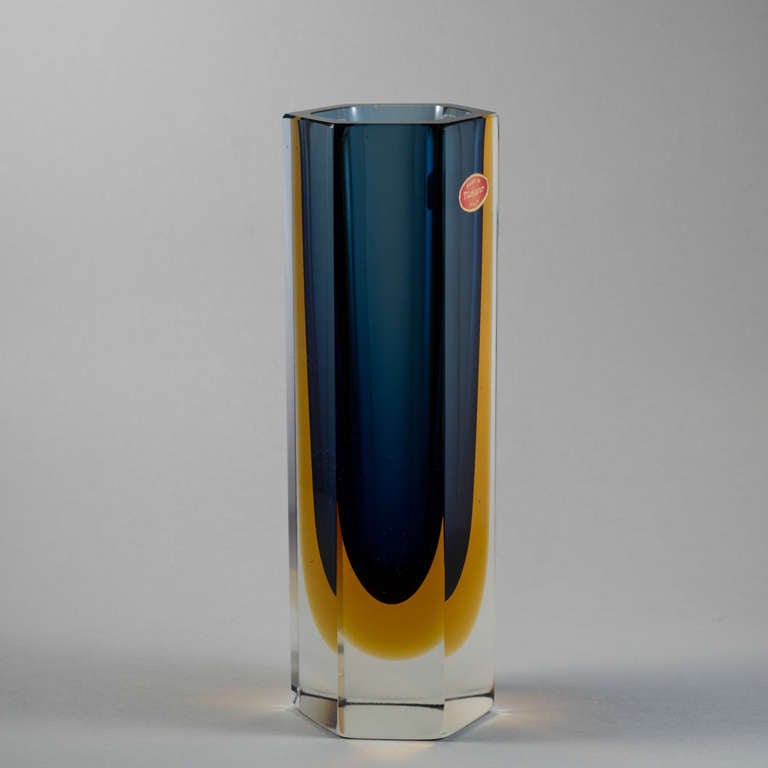 Chunky hexagonal Murano Sommerso glass vase with a blue and gold centre in clear glass. Stamped.