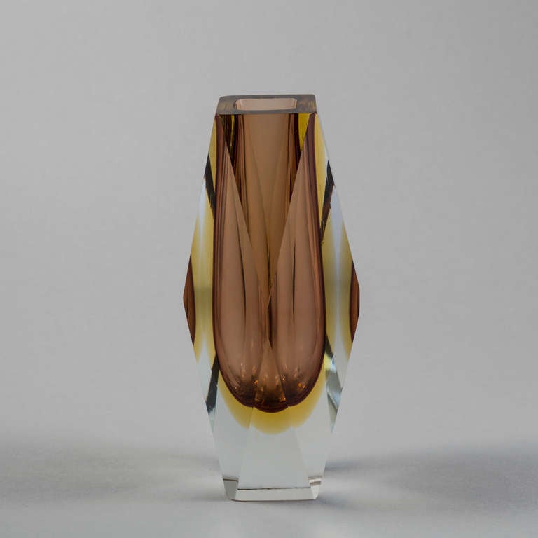 A Faceted Murano Sommerso Glass Vase with a Amethyst and Gold Centre Cased in Clear Glass. Stamped