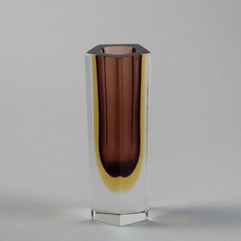 A hexagonal Murano Sommerso glass vase with a amethyst and gold centre cased in clear glass.
