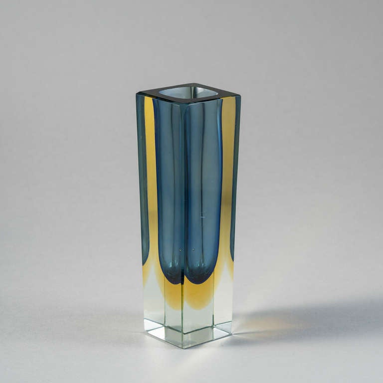 Rectangular Murano Sommerso glass vase with a blue and gold centre cased in pale blue glass, 1960s.
