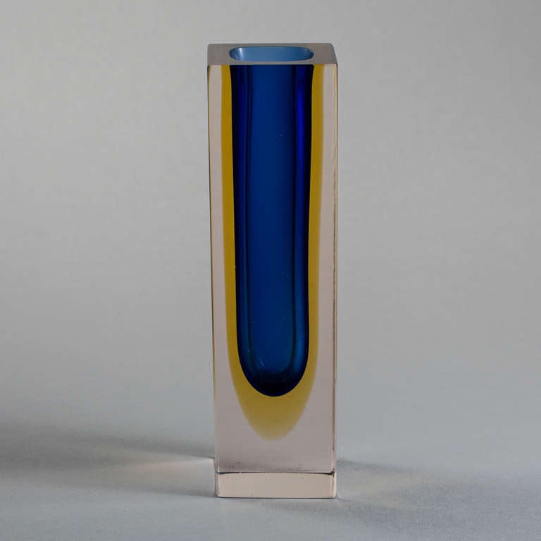 Italian Rectangular Murano Sommerso Glass Vase For Sale