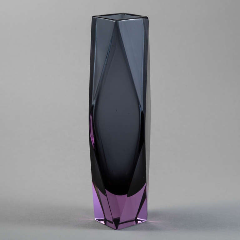 A Faceted Murano Sommerso Glass Vase with a Charcoal Centre Cased in Lilac Glass