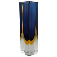 A Large Square Murano Sommerso Glass Vase with a Blue and Gold Centre