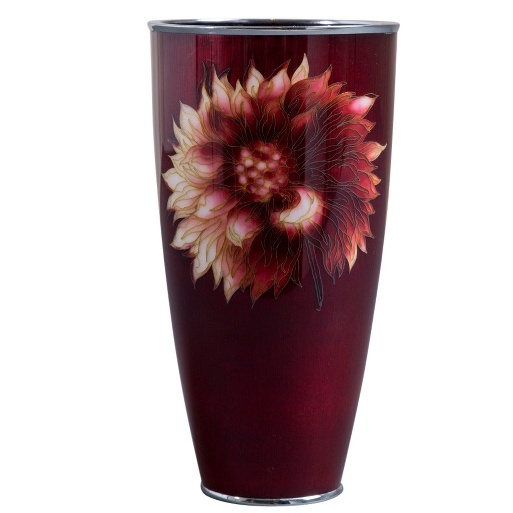 Japanese Cloisonné Gin-Bari Red Beaker Vase, circa 1950 For Sale