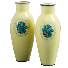 Pair of Japanese Cloisonné Yellow Enamel Vases by Ando, circa 1920