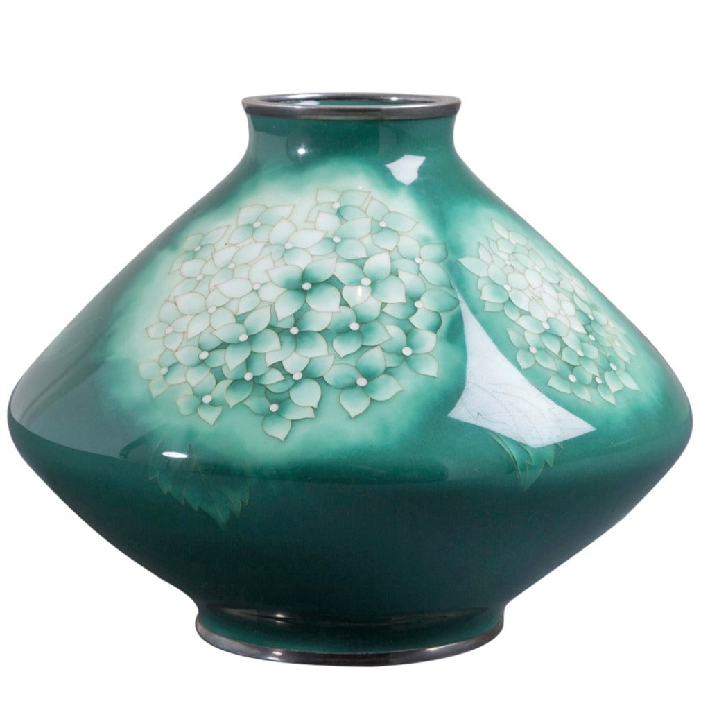 Japanese Cloisonné Green Enamel Vase by Ando For Sale