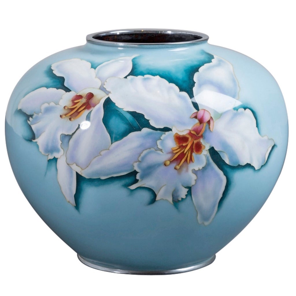Large Japanese Cloisonné Pale Blue Enamel Vase, circa 1960 For Sale