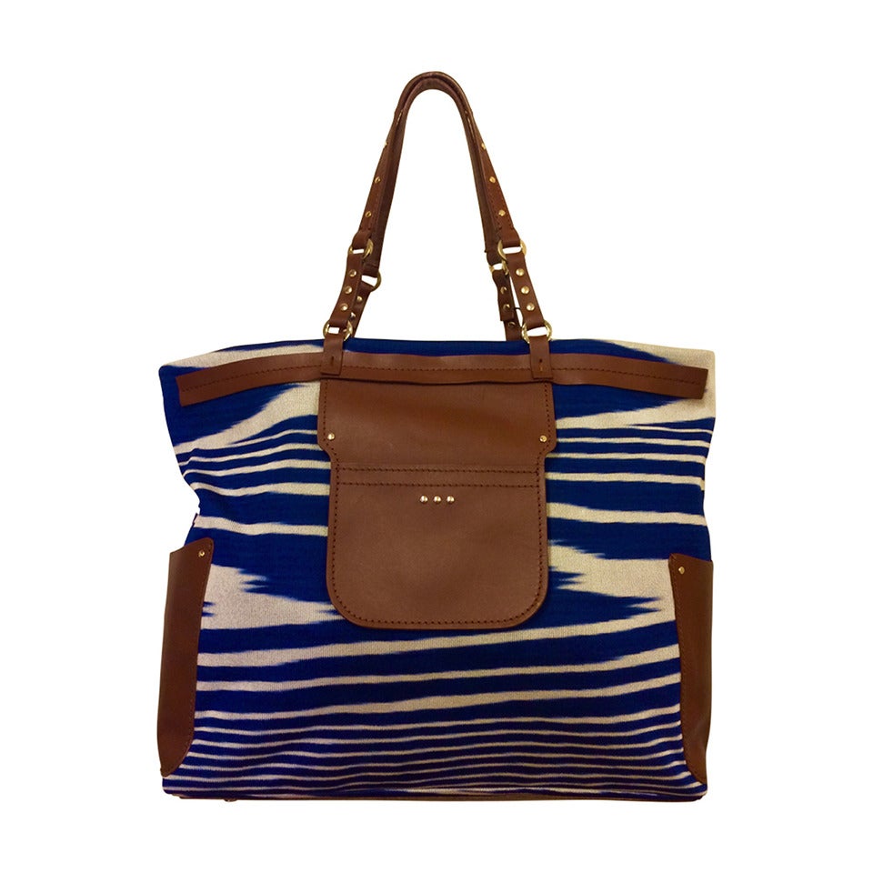 Missoni Blue and White Striped Tote with Leather Trim