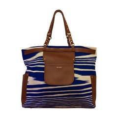 Missoni Blue and White Striped Tote with Leather Trim