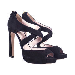 Miu Miu black suede strap high heel sandals with gold back heel zipper