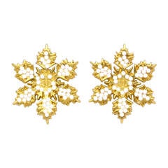 CHANEL Goldtone Holiday Snowflake Clip-On Earrings w/ White Rhinestones