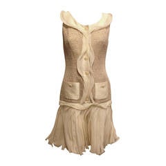 Oscar de la Renta Cream Tweed and Chiffon Dress