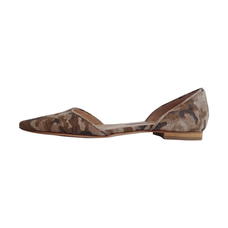 Manolo Blahnik Beige Camouflage Canvas d'Orsay Flats