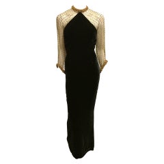 Oscar de la Renta Black Velvet Gown with Gold Netting
