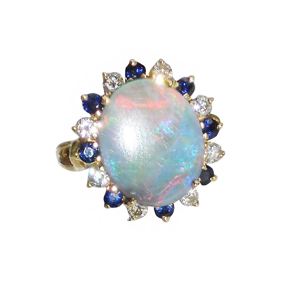 Vintage Jelly Opal w Diamonds and Sapphiers Ring For Sale