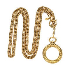 Vintage Iconic Chanel Gold-Plated Necklace w/Magnifying Glass Loupe Pendant