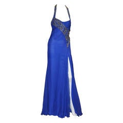 New VERSACE EMBELLISHED ROYAL BLUE CHIFFON SILK GOWN