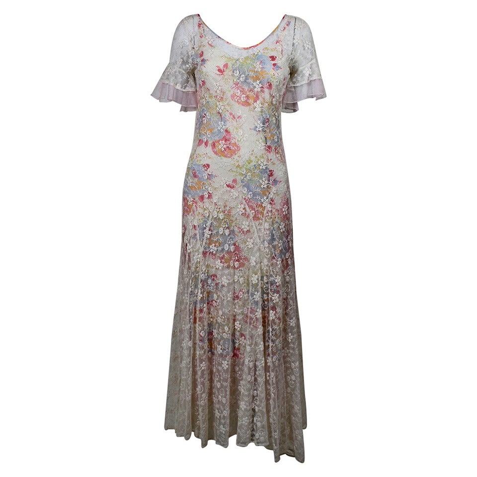 1930s Gorgeous Garden Gown with Floral Net Overlay For Sale