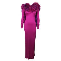 1980s Raspberry Jersey Gown With Fabulous Ostrich Collar