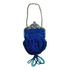 Striking Antique 1920s Art Deco Purse Blue & Silver Beaded Tassel Flapper Bag