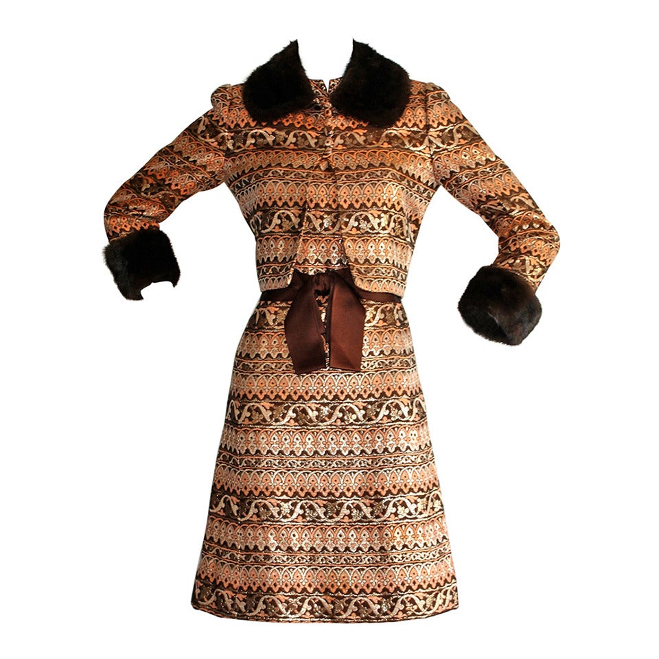 1960s Early Vintage Adele Simpson Metallic Brocade Dress & Mink Jacket