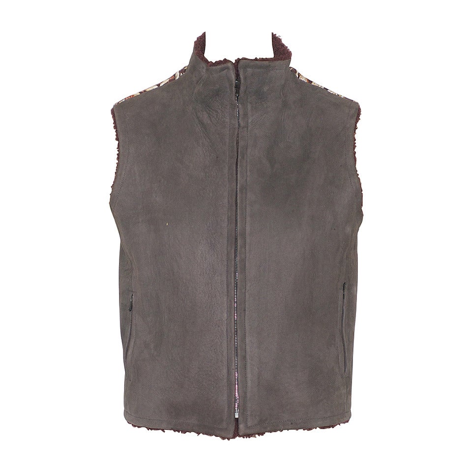 Hermes Shearling Vest with Silk Scarf Back For Sale