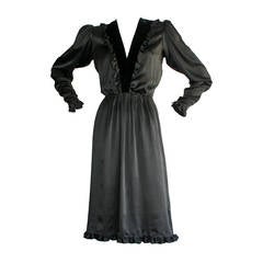 1980s Vintage Yves Saint Laurent Rive Gauche Black Silk Ruffle Secretary Dress 3