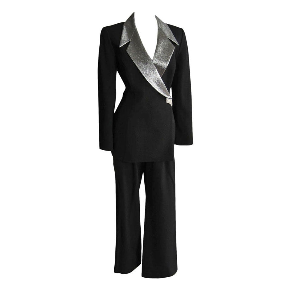 THIERRY MUGLER Black Wool and Silver Lame Pant Suit