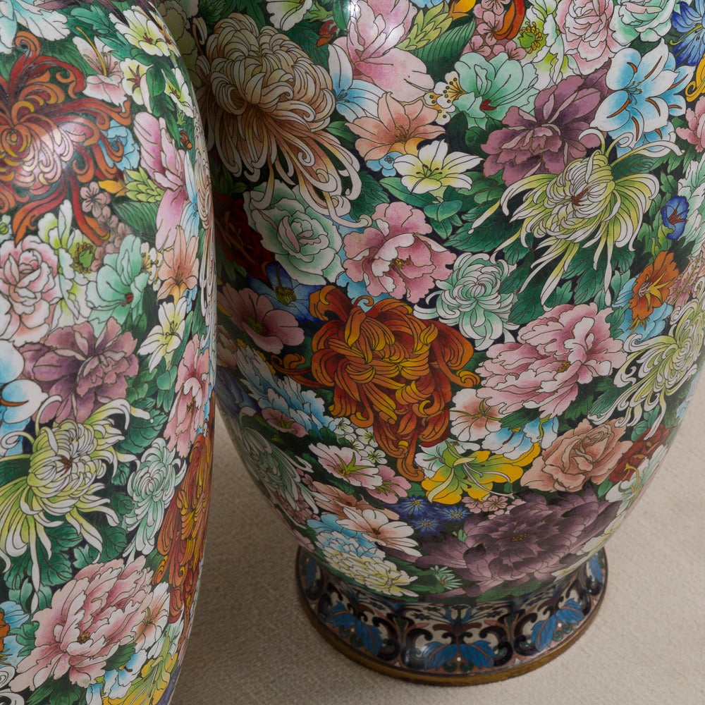 Enamel Pair of 20th Century Chinese Cloisonné Vases, circa 1930-1950