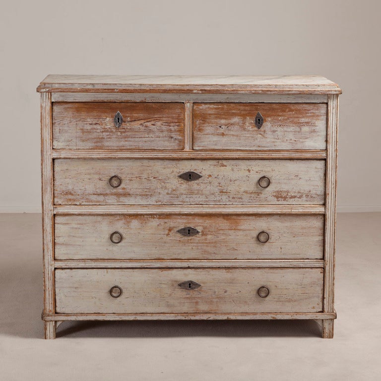 An Interesting Swedish Five Drawer Commode with Bleached-out Original Paint and Simulated Marble Top circa 1780