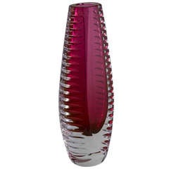 A Heavy Murano Sommerso Glass Vase in Ribbed Pink Vase