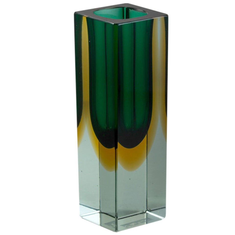 Small rectangular Murano Sommerso glass vase with an emerald and amber centre cased in a pale green glass.