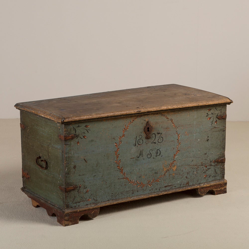 An Early 19th Century Swedish Painted Marriage Chest with Original Paint dated 1823
