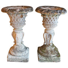 Pair of 18th Century Stone Basket-Weave Urns