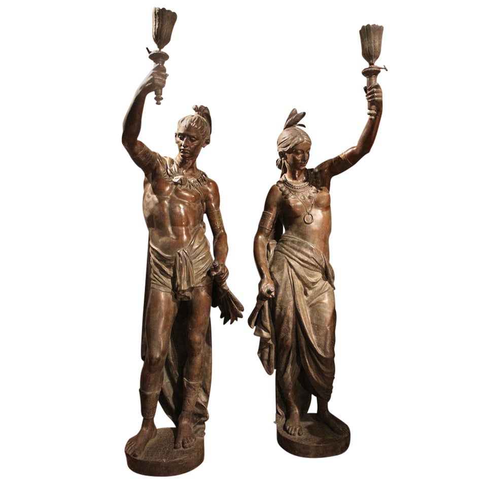 Pair of Bronze North American Indian Torchères For Sale