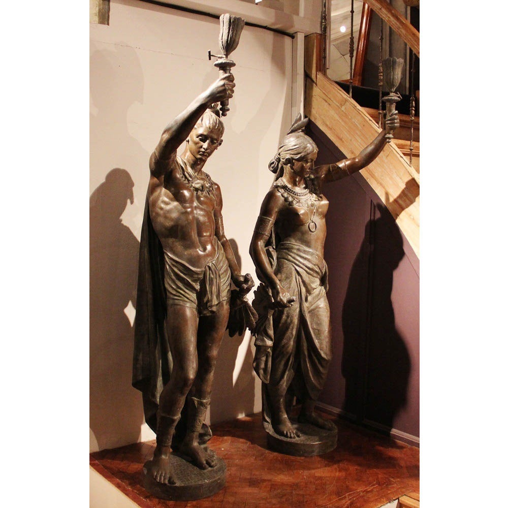 French Pair of Bronze North American Indian Torchères For Sale