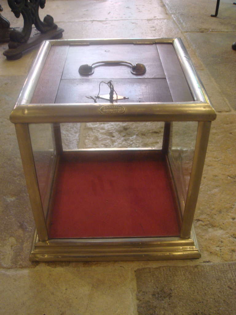 Unique top loading display case by F.X. Ganter with lock and original key. Made of nickel and hand blown glass. Perfect for displaying rare objects.