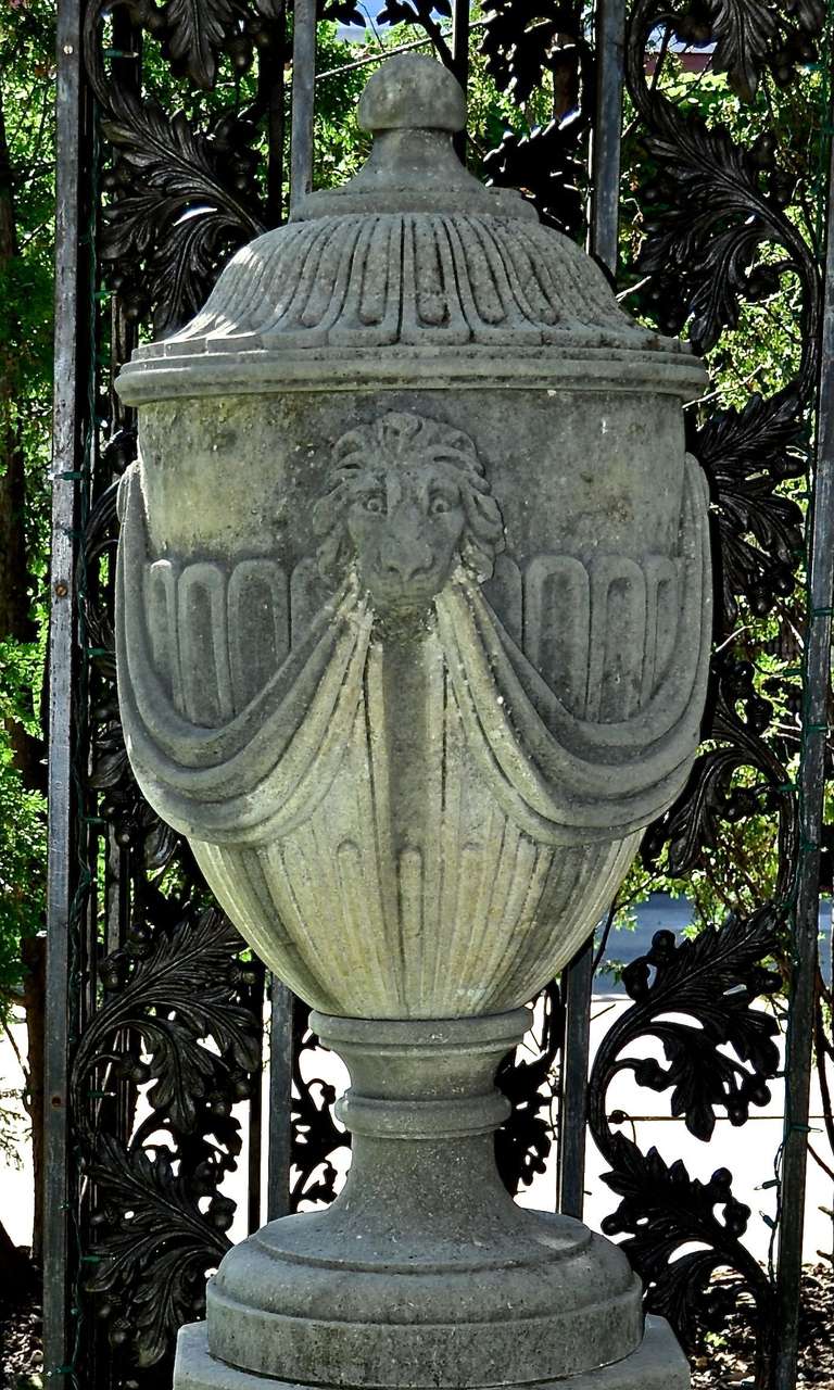 20th Century Hand-Carved Italian Covered Urns with Pedestals