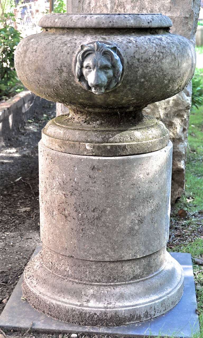 Pair of extremely unique 20th century Italian hand carved limestone urns with bronze lion heads on round pedestals. Priced and sold as a pair.
