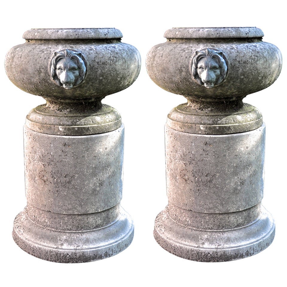 Unique Urns with Bronze Lion Heads on Pedestals For Sale
