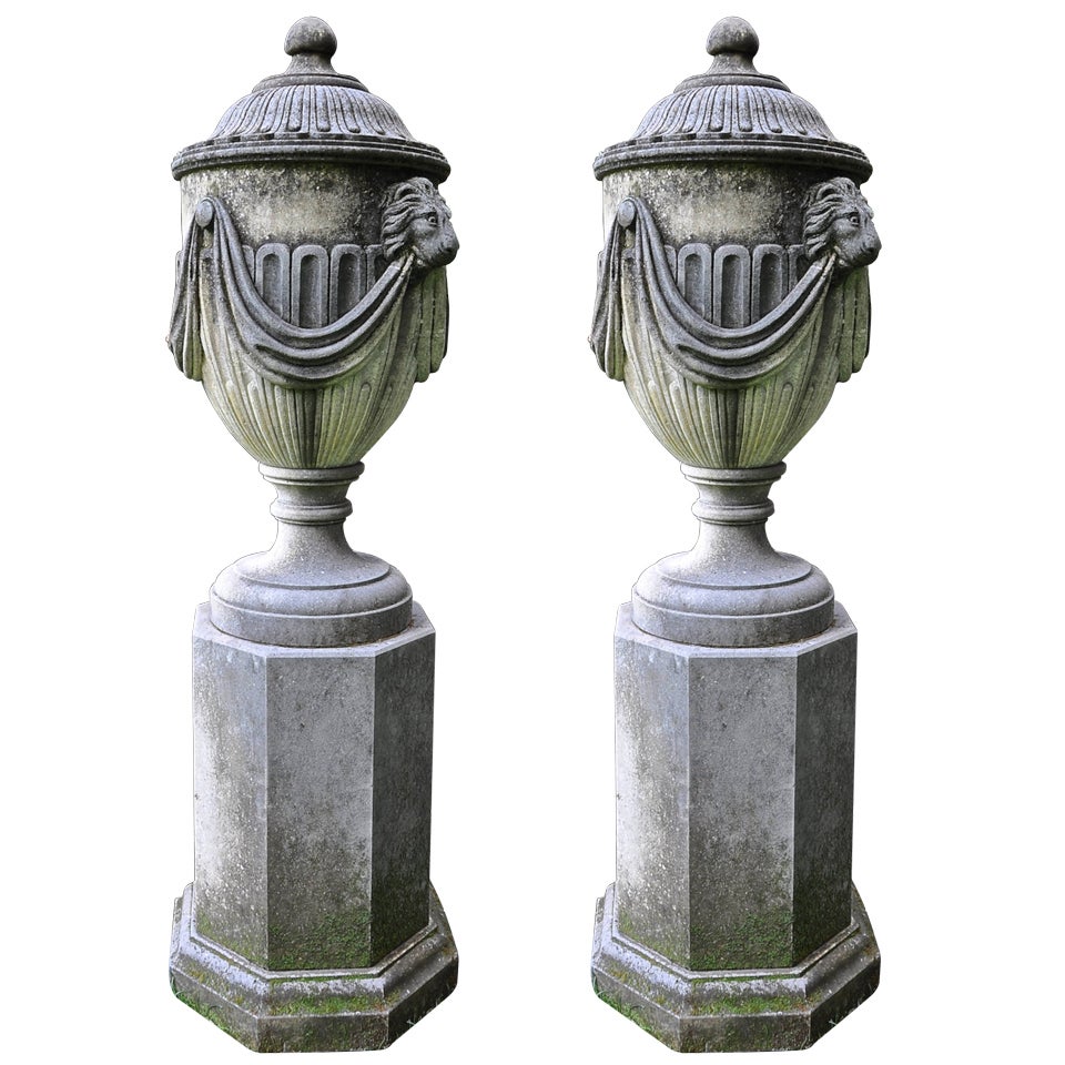 Hand-Carved Italian Covered Urns with Pedestals