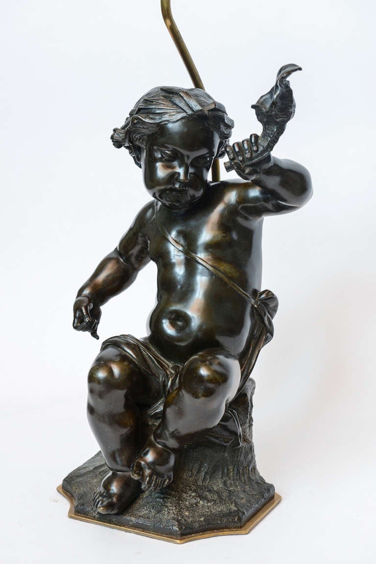 Pair of 19th Century French Patinated Bronze Statues of Putti For Sale 1