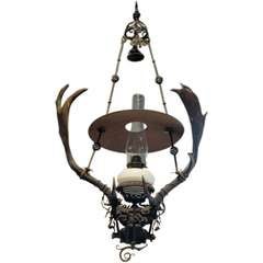 Antique Handmade Wrought Iron and Horn Light Fixture