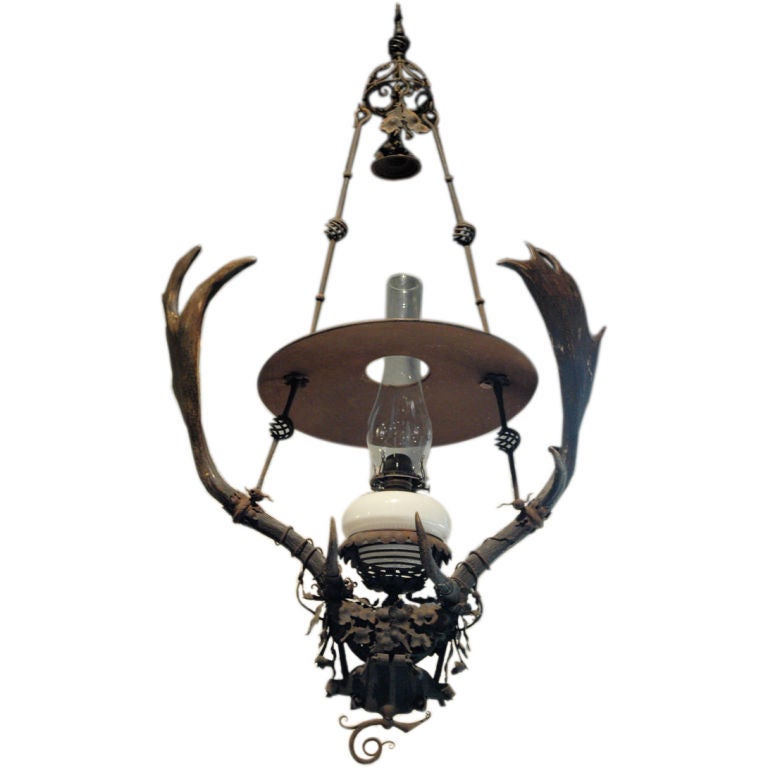 Handmade Wrought Iron and Horn Light Fixture For Sale